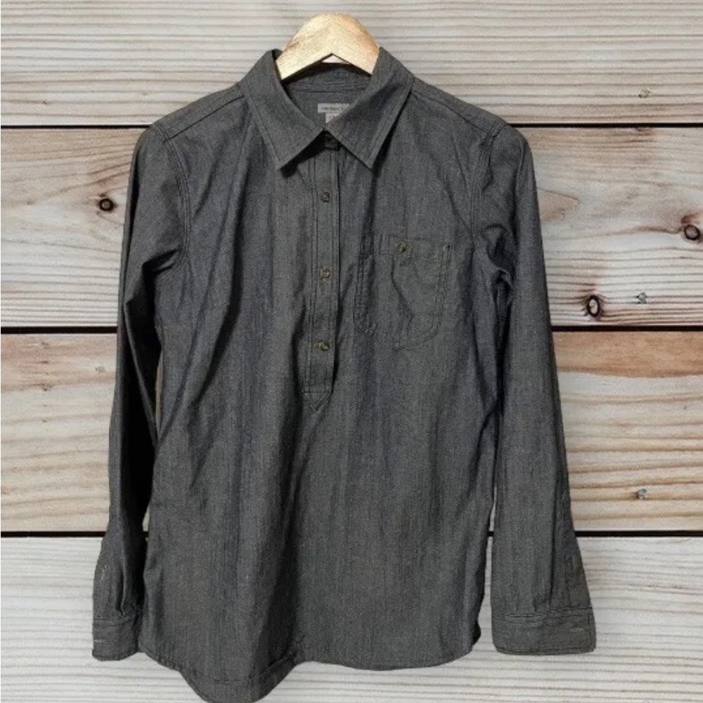 Carhartt Womens S (4-6) Long‎ Sleeve Collared Half Button Down Shirt Denim Blue